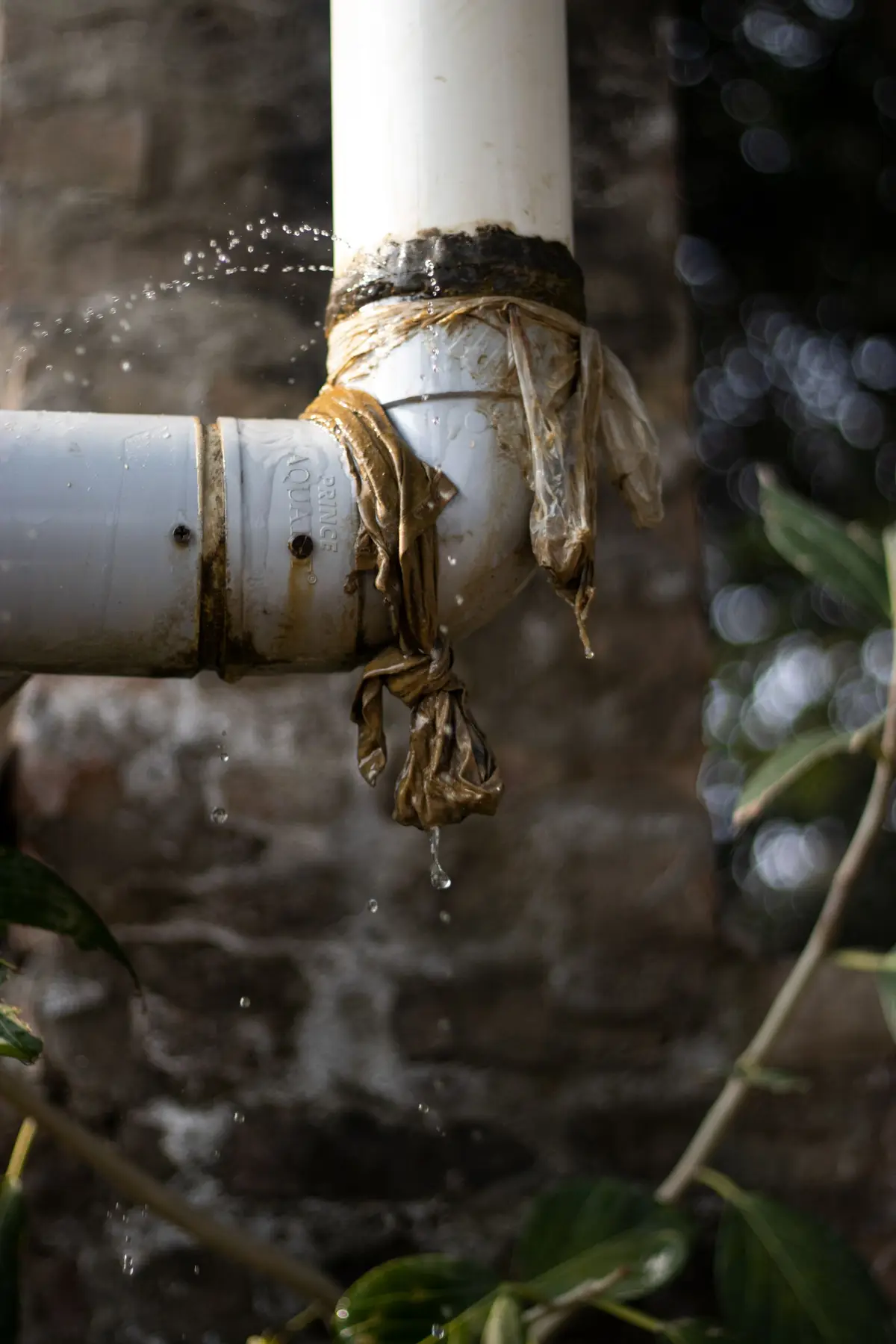 Close-up of a worn plastic pipe with a leak wrapped in clear tape.
